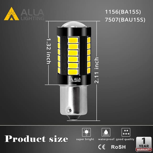 Thumbnail 6 de Alla Lighting 2800lm BA15S 1156 LED Bulbs (Set of 2) — 12V–24V 6000K White 5730 33-SMD for Backup/Turn/Brake/Tail/DRL