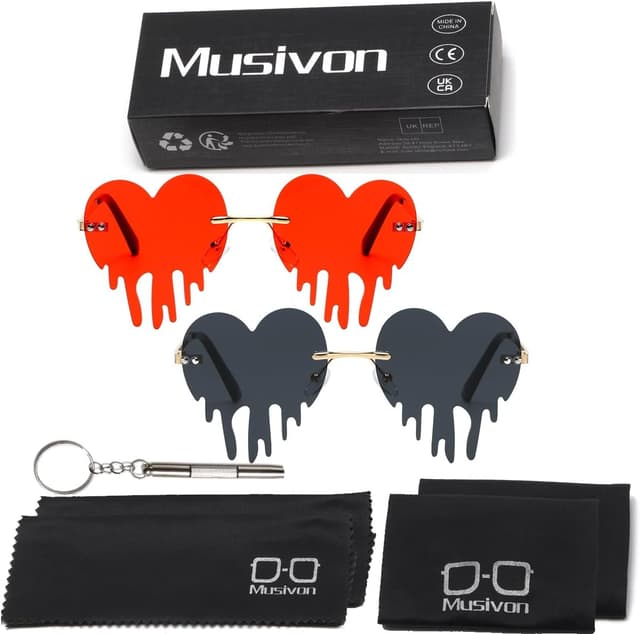 Detalle de Musivon Rave Herz Sonnenbrille im 2er-Set – Festivalbrille mit Herz-Design