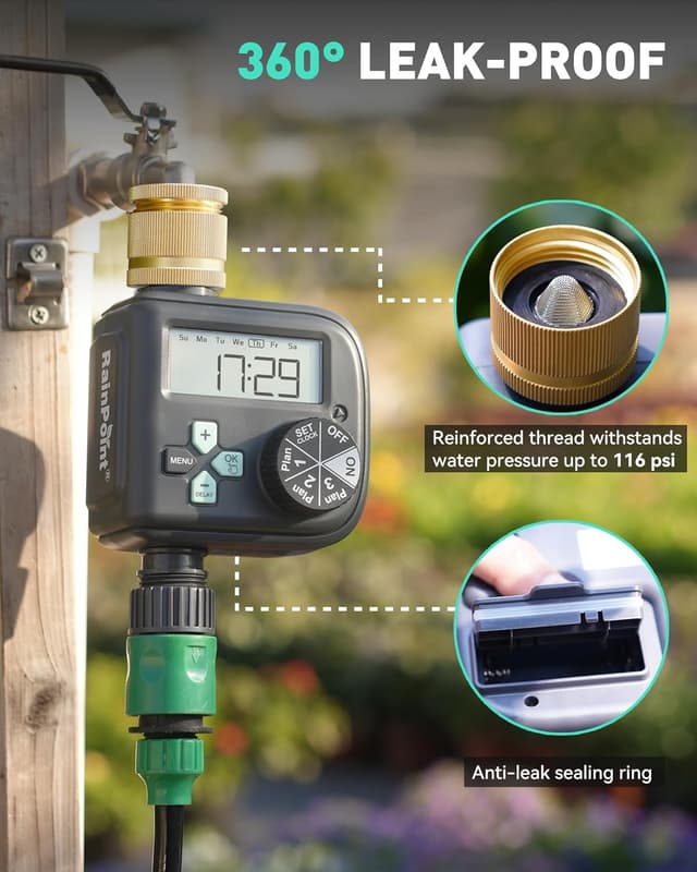 Detalle 2 de RAINPOINT Water Timer with Brass Inlet – 3 independent programmes, rain delay & IP54 hose sprinkler timer