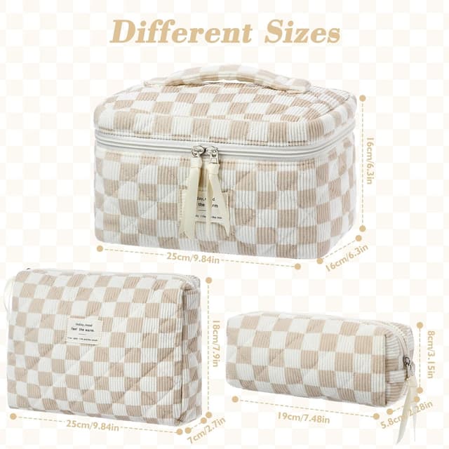 Detalle 2 de BuyCard Kosmetiktaschen 3er-Set Damen aus Cord (Khaki Check) – Kulturtasche & Waschtasche