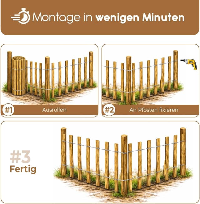 Detalle 2 de BooGardi Staketenzaun 50 cm hoch (50 cm x 5 m) – Holz-Gartenzaun mit Lattenabstand 7–9 cm