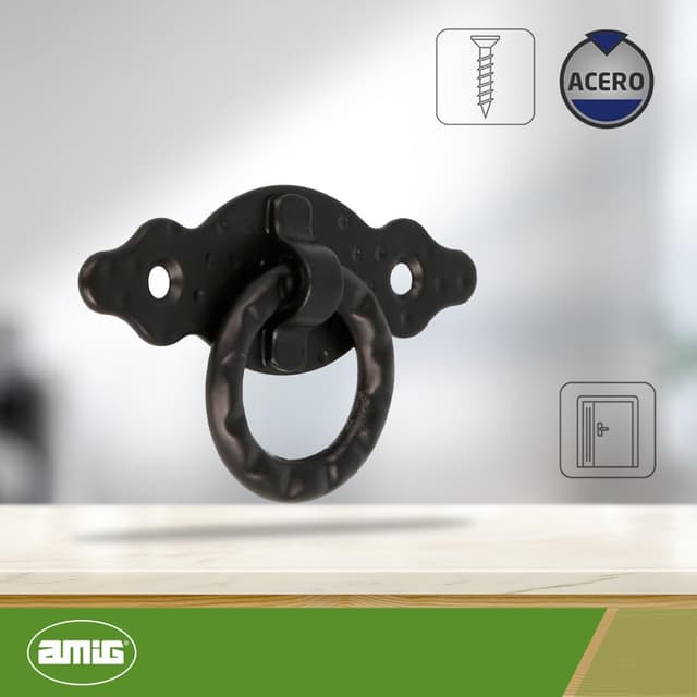 Detalle de Amig Poignée horizontale Modèle 1000 en acier noir, 80 x 28 x 1,5 mm avec anneau et plaque pointillée