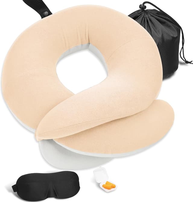 Detalle de BUYUE Travel Neck Pillow for Airplanes with 360° Support and Travel Kit (3D eye mask, earplugs) – Beige, large