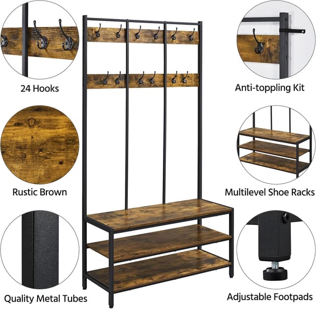 Detalle 2 de Yaheetech Stand appendiabiti con panca e scarpiera 12 ganci