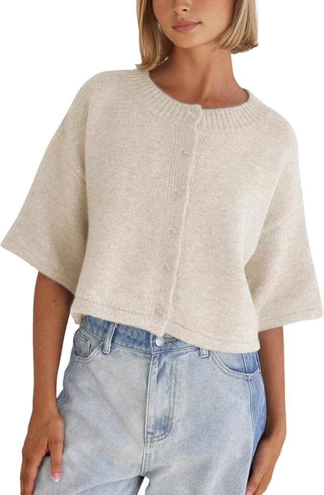 Detalle de Springrain Women’s Lightweight Cropped Cardigan Sweater (Button-Up, Solid Knit)