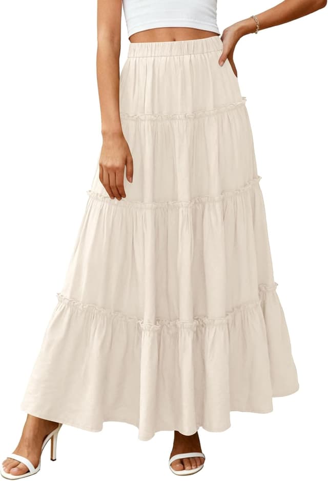 Detalle 2 de PRETTYGARDEN Boho Tiered Maxi Skirt for Women with Elastic Waistband & Side Pockets