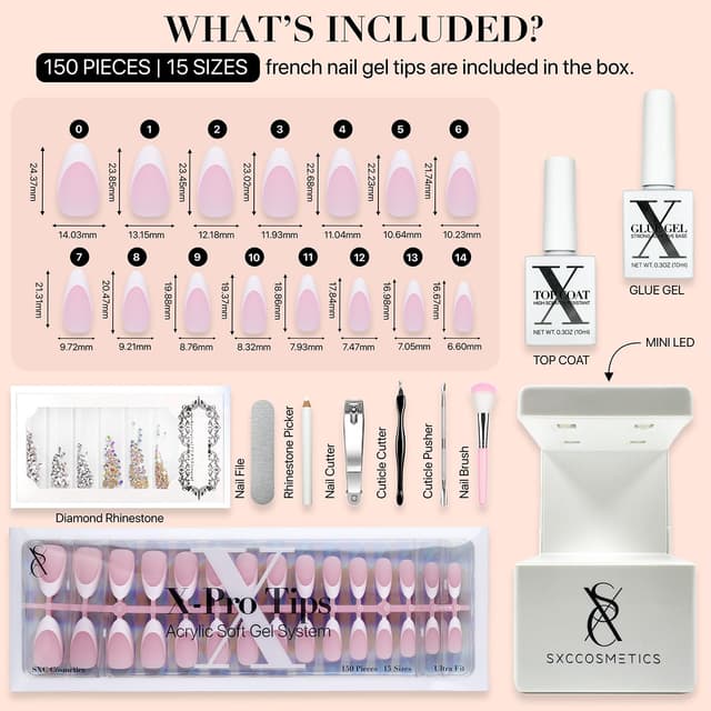 Detalle de SXC Cosmetics French Tip Press On Nails Pink Series — Medium Almond X-Pro Tips Starter Kit