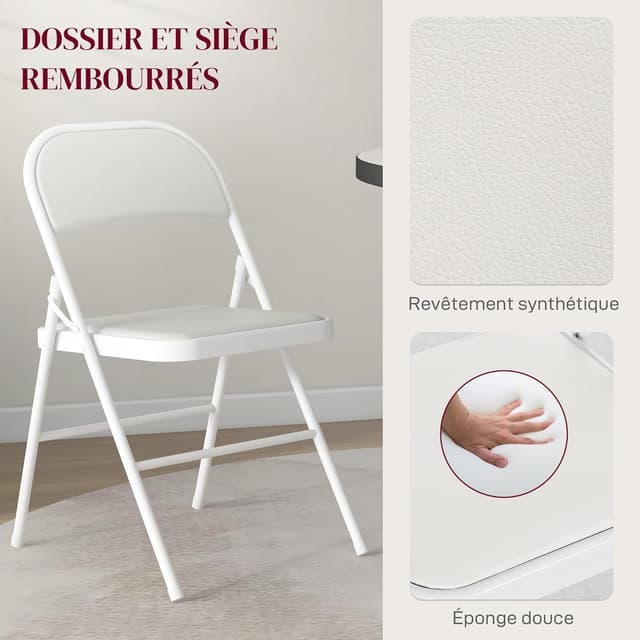 Detalle 2 de HOMCOM Lot de 4 chaises pliantes de salle à manger en acier, coussin synthétique – 45 x 46 x 78 cm, blanc