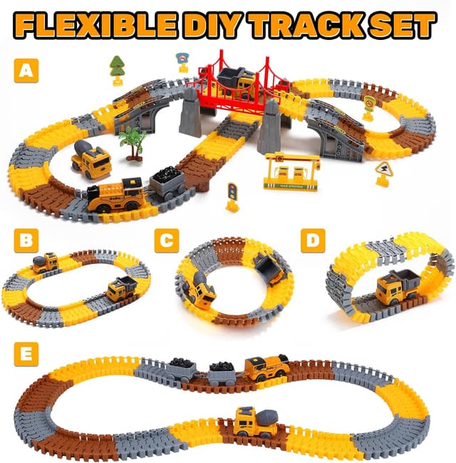 Detalle de EagleStone Konstruktions Rennbahn-Set für Kinder mit 206 Teilen (Flex-Gleise, elektrische Bahn, Baustellenfahrzeuge)