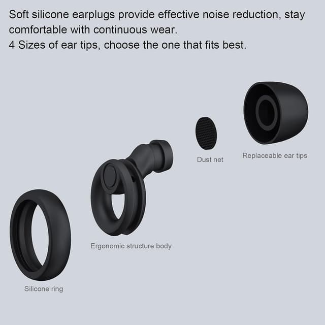 Detalle 2 de JAYINE reusable silicone ear plugs (30 dB SNR) for sleep, travel, focus and concerts – XS/S/M/L tips in black