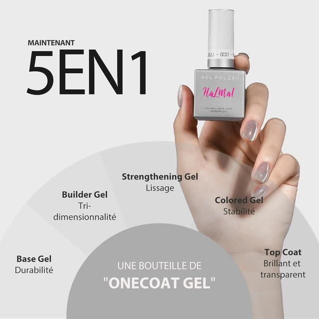 Detalle de Kit gel HALMAI OneCoat Cat Eye argenté avec aimant 5 en 1 (base, couleur, builder, renfort, top coat)