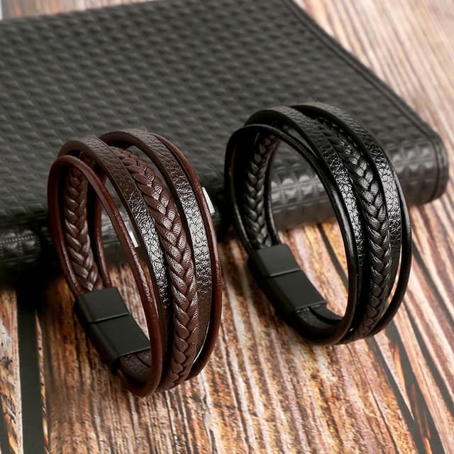 Detalle 1 de flintronic Echtleder-Armband für Herren (Schwarz) mit geflochtenem Look und Magnetverschluss