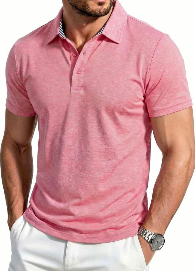 Detalle de EKLENTSON men’s polo shirts short-sleeve quick-dry stretch performance polo with 3-button placket