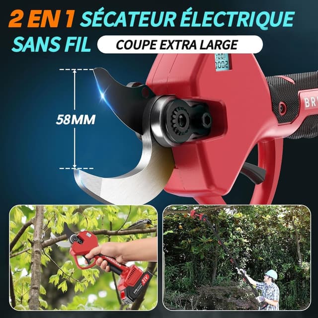 Detalle 2 de Sécateur électrique sans fil télescopique 2-en-1 avec écran et boîte de rangement, 50 mm