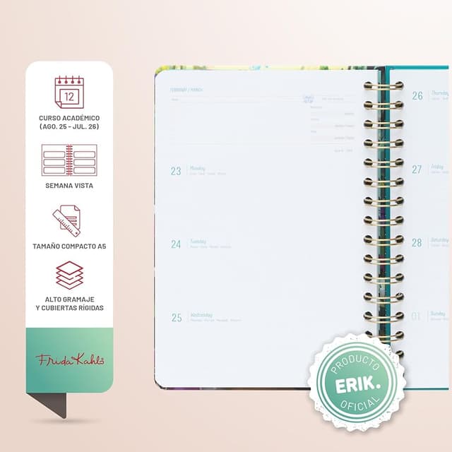 Detalle 2 de Agenda escolar 2025-2026 Grupo Erik Frida Kahlo A5 Semana Vista de curso 2025-2026