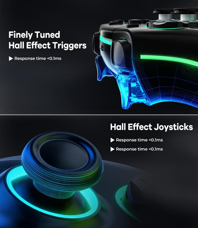 Detalle de MYSTILUCK Wireless Pro Controller für PS5/PC/Mac/iOS/Android/Steam Deck – RGB, Hall Effect & 1500-mAh-Akku