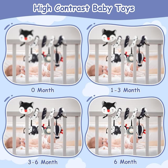 Detalle 1 de Funsland Spiral Pram Toys – black & white fox musical hanging toy for babies (0–6 months)