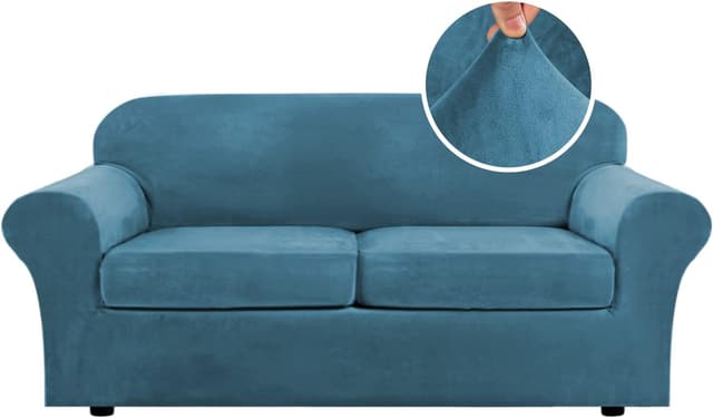 Detalle de H.VERSAILTEX Real Velvet Plush 3-Piece Stretch Sofa Covers (Large, Peacock Blue) for 2 Cushions