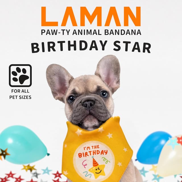 Detalle de LAMAN Pawty Animal Reversible Dog Birthday Bandana (100% Cotton) – Birthday Star, Size L