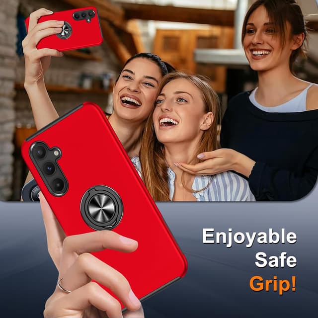 Detalle 2 de Vaki Handyhülle für Samsung Galaxy S25 mit Schutzfolie – Case mit magnetischem Ring-Ständer, stoßfest & kratzfest (Rot)