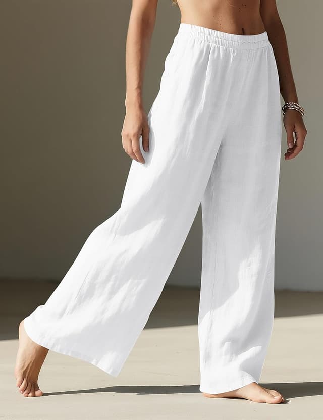 Detalle de Rapbin Linen Trousers for Women – Wide-Leg Summer Palazzo Pants with Elasticated Waist and Pockets