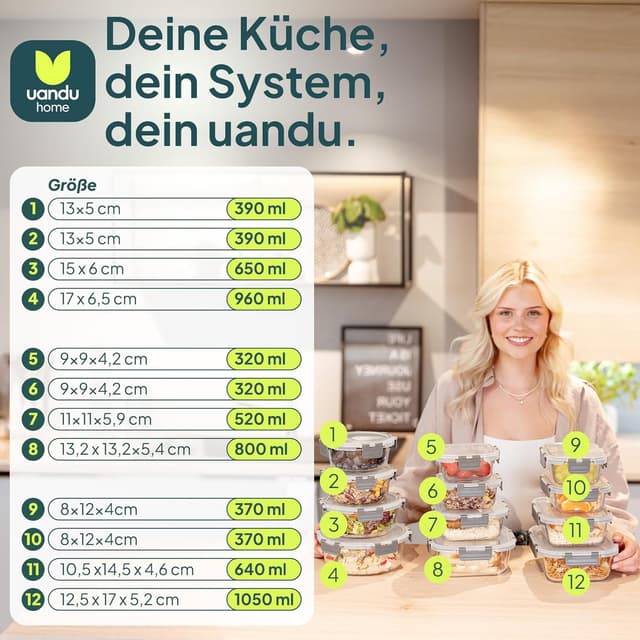 Detalle de uandu Glasbehälter mit Deckel (Meal Prep Boxen-Set, 12-teilig) – BPA-frei, spülmaschinen-, mikrowellen- und gefrierschrankgeeignet