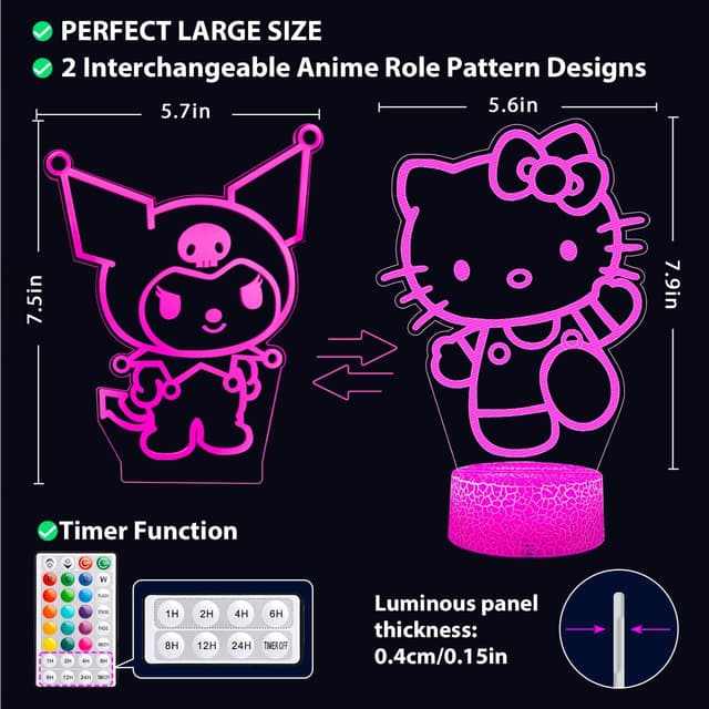 Detalle de MIINSEY Kitty-lampada LED 3D notturna con telecomando e timer, 16 colori