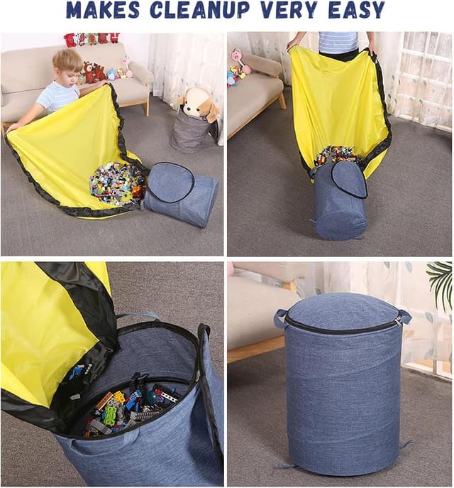 Detalle de Modojuny Kids’ Toy Storage Organizers with Play Mat (Large, Blue) — canvas bin with zipper