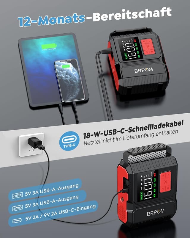 Detalle de BRPOM 8000A Starthilfe Powerbank 26800mAh für Pkw