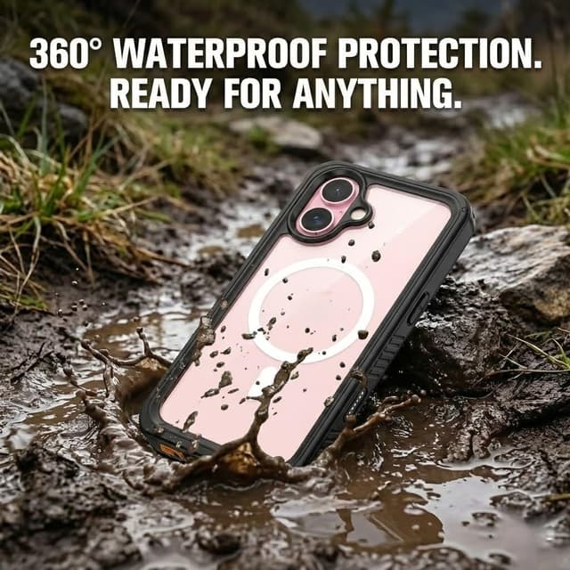 Detalle de FYHCMC iPhone 16 waterproof case with MagSafe support (black, sealed 360° cover)