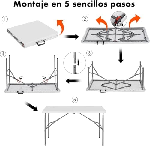 Thumbnail 7 de Mesa plegable de camping T-LOVENDO.ES rectangular auxiliar 122x61 cm (hasta 120 kg), blanca
