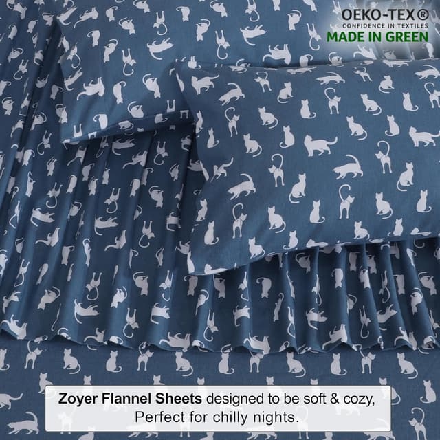 Detalle 2 de ZOYER Queen Flannel Sheets Set (100% Cotton) - Double Brushed, 16-Inch Deep Pockets, White Cat, 4-Piece