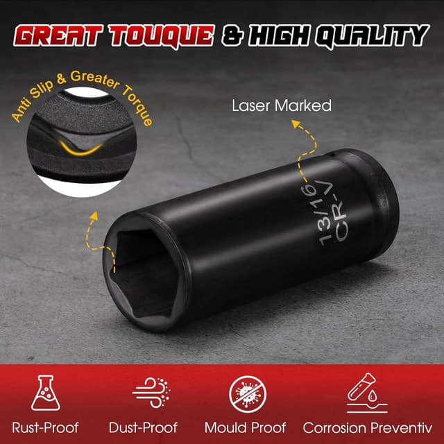 Detalle de 1/2" Drive Impact Socket Set (29-Piece) — Cr-V-M Steel Deep Sockets, SAE & Metric, With Extension Bar and Storage Case