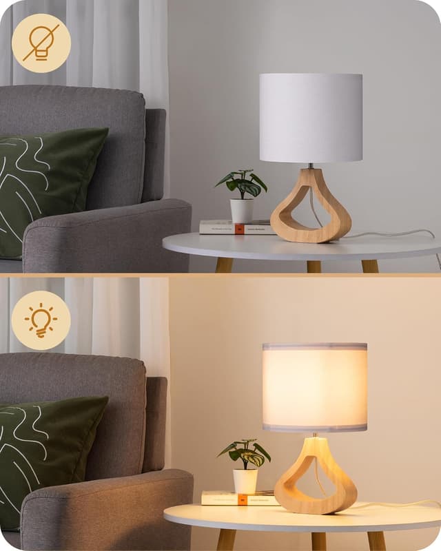 Detalle de EDISHINE Nachttischlampe aus Holz mit Leinen-Schirm und E27-Fassung, 34 cm, weiß