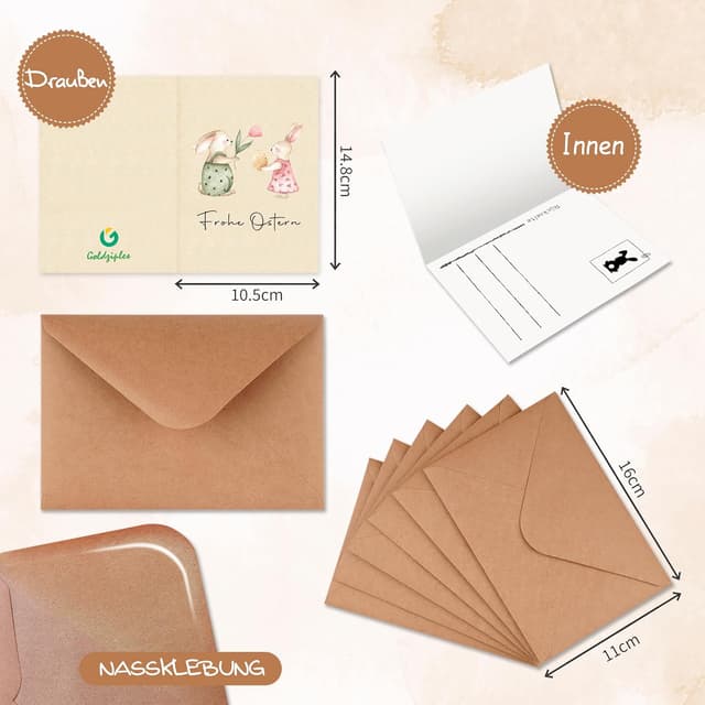 Detalle de Goldziples 12 Osterkarten mit Umschlägen (A6, vorgefaltet) – Frohe Ostern Set mit Hasen-Design