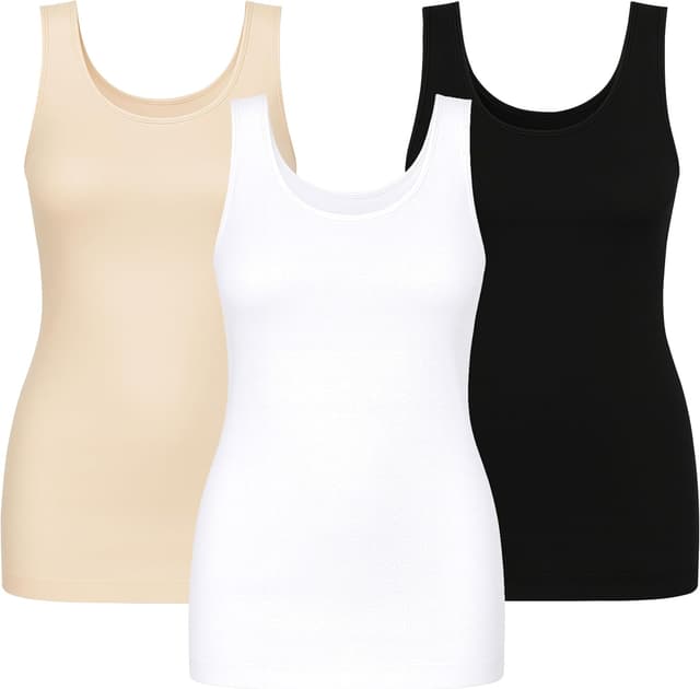 Detalle de UnsichtBra 3er Pack Shape Longshirts für Damen – Basic Mikrofaser Unterhemd ohne Bügel (Weiß/Schwarz/Beige)