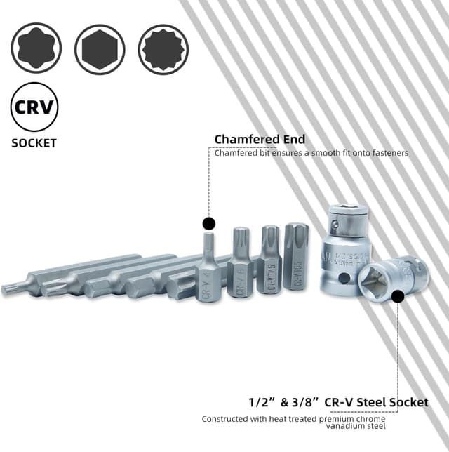 Detalle de Jeu d’embouts CCLIFE Torx et douilles CR-V 40 pièces (XZN M5 à M12, H4 à H12, T20 à T55) avec adaptateurs 1/2" et 3/8