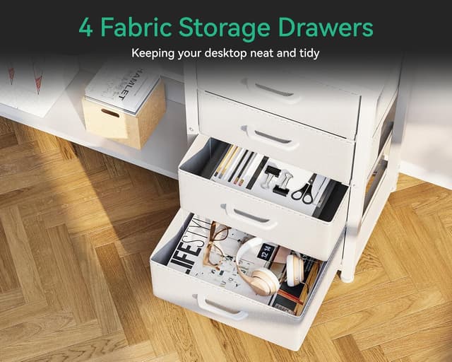 Detalle de ODK Corner Desk with Drawers (L-Shaped, Reversible) with LED Lights, Monitor Shelf & Power Outlets – White, 135×110 cm