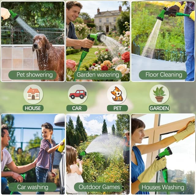 Detalle 2 de HOMOZE expandable garden hose pipe (Blue) with 3/4" and 1/2" fittings, anti-leak design, 10-function spray nozzle, 50ft