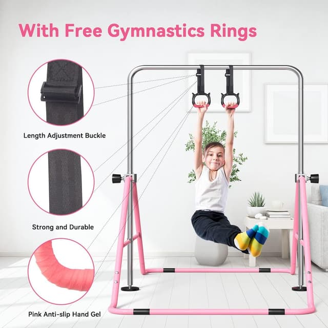Detalle de FBSPORT Gymnastics Bar for Kids (foldable, adjustable height horizontal bar) – supports 140lbs