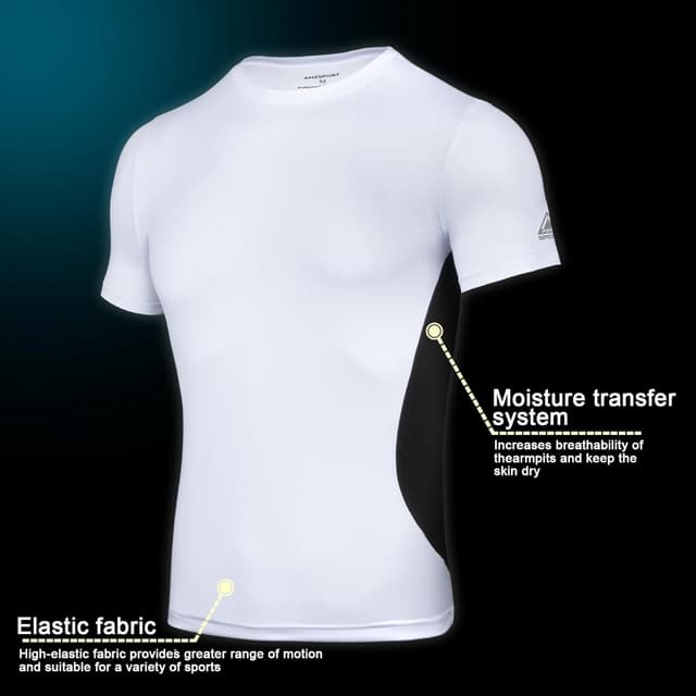 Detalle de AMZSPORT maglietta a compressione da uomo con maniche corte, tessuto Cool Dry per allenamento e corsa