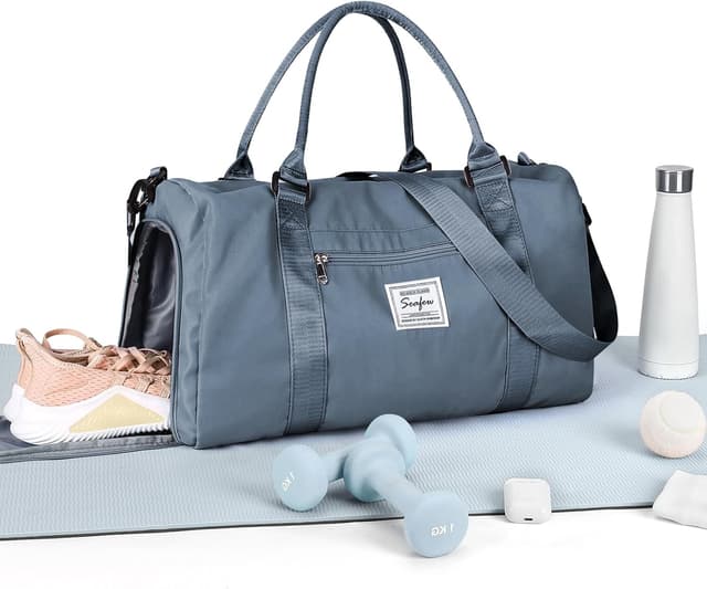 Detalle de WEPLAN Sporttasche mit Schuhfach & Nassfach (Duffel Bag), Grau-Blau – Handgepäck & Gym Bag