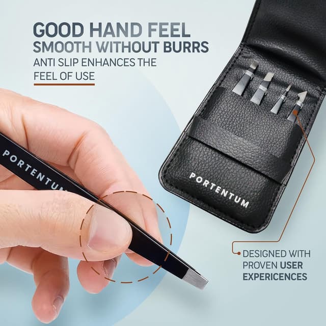 Detalle de PORTENTUM Professionelle Pinzetten Augenbrauen-Zupfen – 4er Set aus Edelstahl (Präzision & Anti-Rutsch)