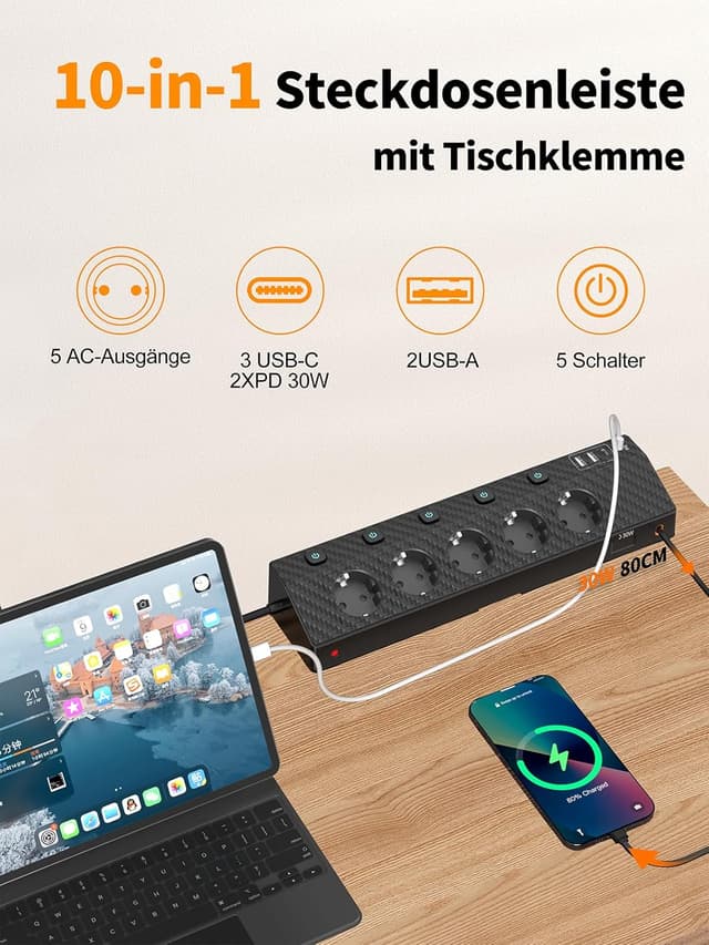 Detalle 2 de PASSUS 10‑in‑1 Tischsteckdose mit 2 USB‑C (30W) 🔌