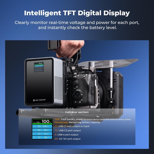 Detalle de K&F CONCEPT KF-V99 Pro Mini V-Mount Battery with PD 100W USB-C Fast Charging (99Wh/6700mAh)
