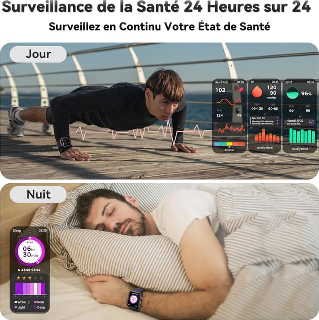 Detalle de RLQA Montre connectée Homme/Femme 1,83" Bluetooth 5,3 avec appel, capteurs santé et 123 modes sport