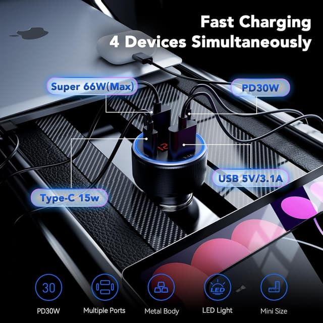 Detalle 2 de USB C Car Charger Adapter 78W, 4‑port