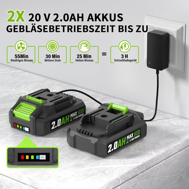 Detalle 2 de Akku-Laubbläser (20 V) mit 2×2,0 Ah Akkus und Ladegerät, 360 m³/h, 3 Gänge
