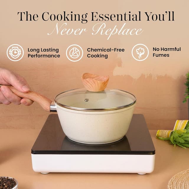 Detalle de Nuovva Cream Granite 3-Piece Non-Stick Saucepan Set (16cm, 18cm, 20cm) with Lid – Induction compatible