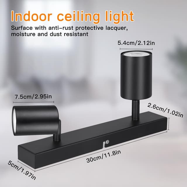 Detalle de Ketom 2-teilige LED-Deckenstrahler in Schwarz (GU10), schwenkbar – ohne Leuchtmittel